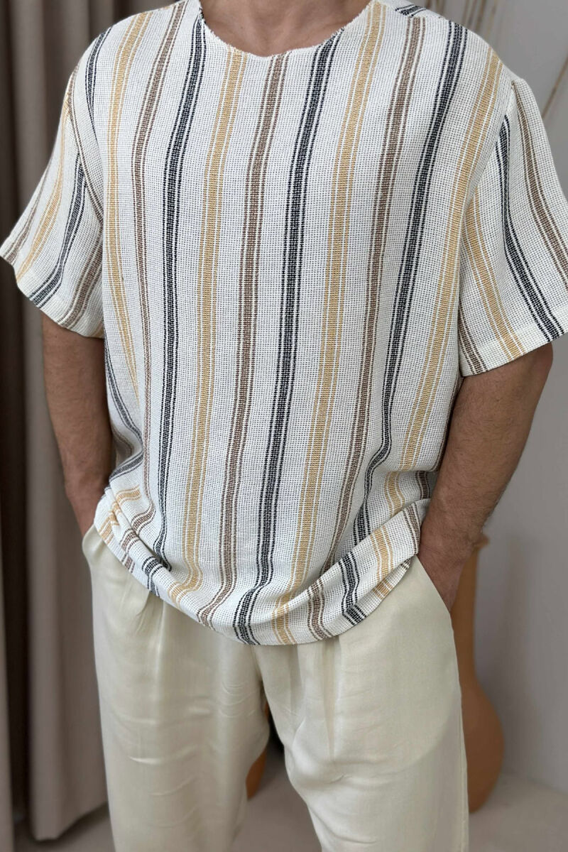 STRIPES DESIGN SIMPLE MEN T-SHIRT CREAM-BROWN/KRKA - 2