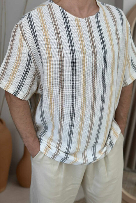 STRIPES DESIGN SIMPLE MEN T-SHIRT CREAM-BROWN/KRKA - 3