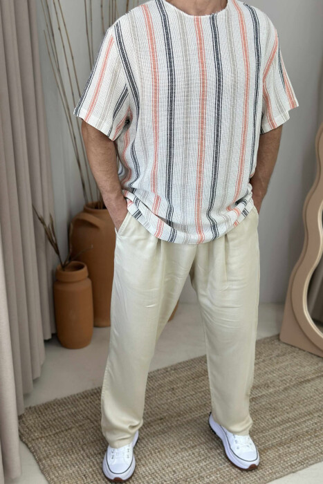 STRIPES DESIGN SIMPLE MEN T-SHIRT CREAM-ORANGE/KRPO 
