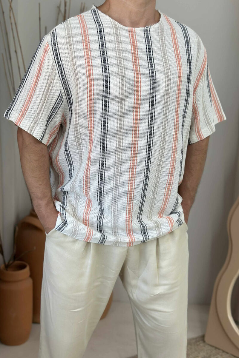 STRIPES DESIGN SIMPLE MEN T-SHIRT CREAM-ORANGE/KRPO - 2
