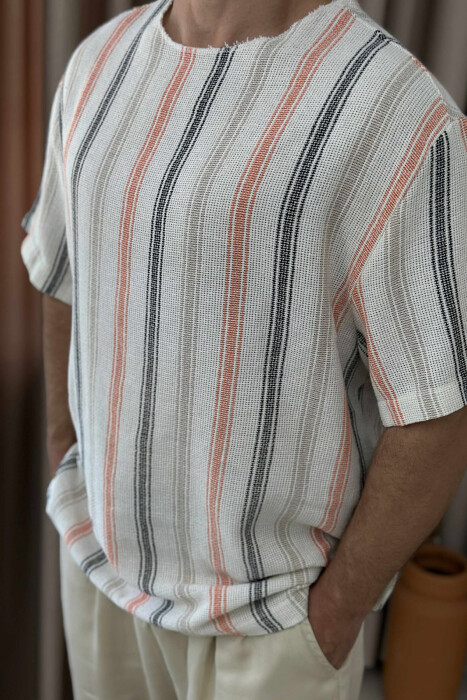 STRIPES DESIGN SIMPLE MEN T-SHIRT CREAM-ORANGE/KRPO - 3