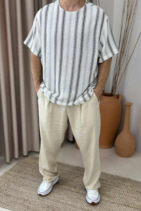 STRIPES DESIGN SIMPLE MEN T-SHIRT CREAM+BLACK/KREM+ZEZE - 1