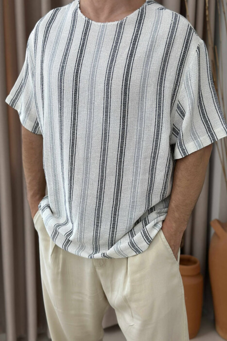 STRIPES DESIGN SIMPLE MEN T-SHIRT CREAM+BLACK/KREM+ZEZE - 3