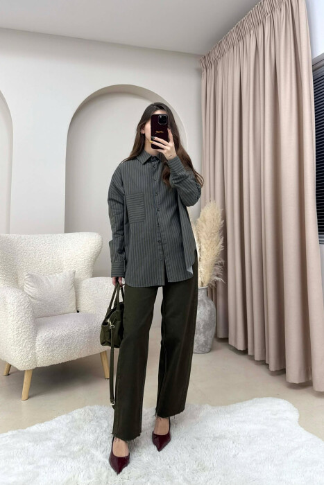 STRIPES DESIGN SINGLE POCKET WOMEN SHIRT DARK GREEN/JEE - KLAUDIO FASHION