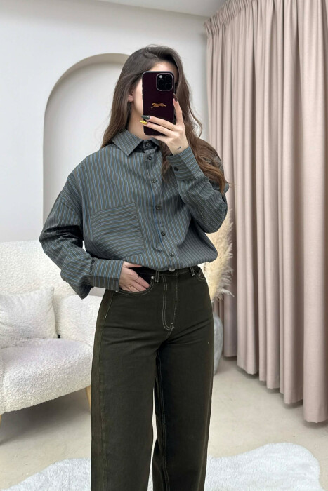 STRIPES DESIGN SINGLE POCKET WOMEN SHIRT DARK GREEN/JEE - 4