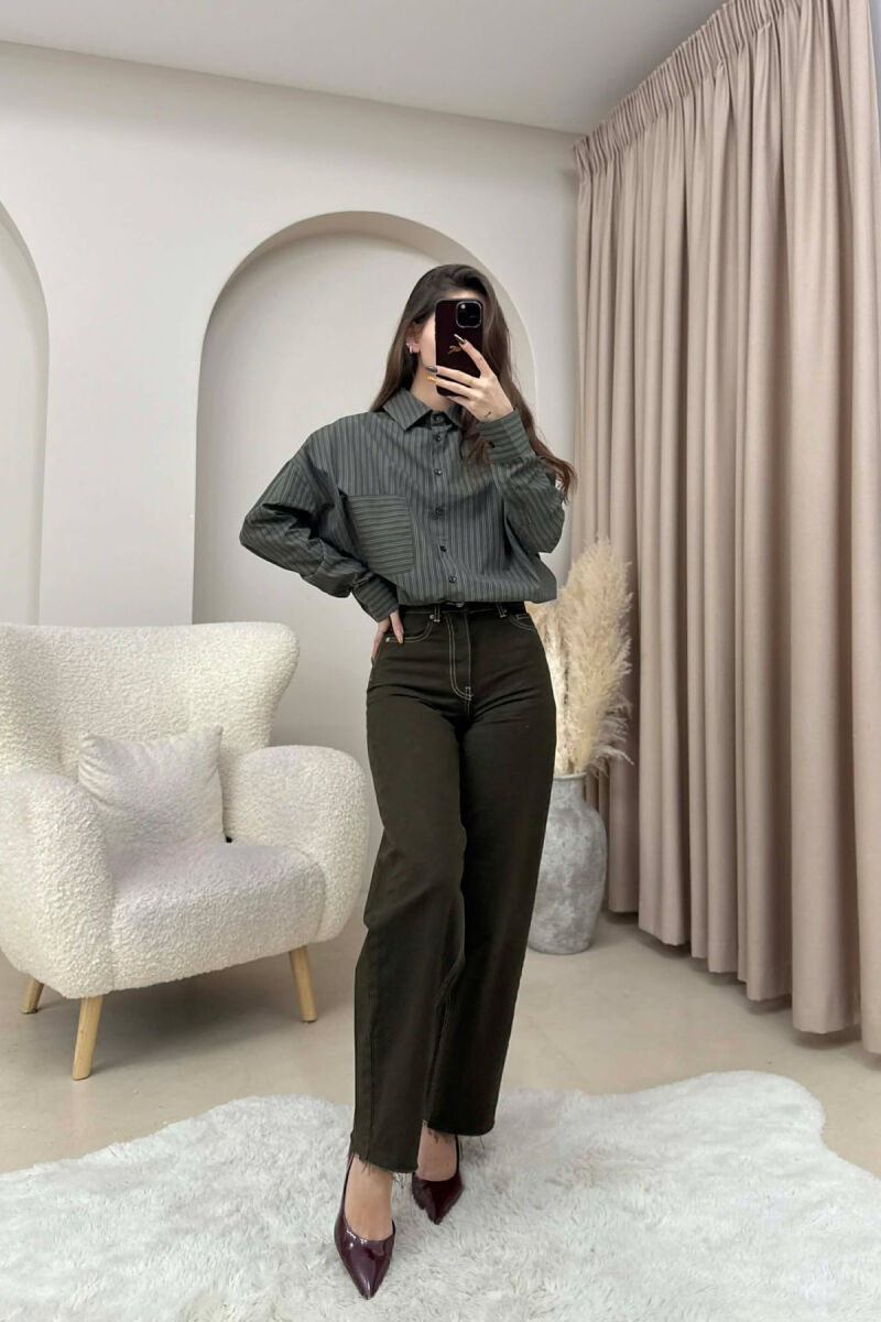 STRIPES DESIGN SINGLE POCKET WOMEN SHIRT DARK GREEN/JEE - 5