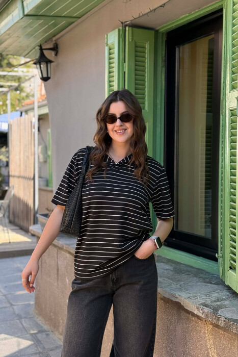 STRIPES POLO NECK WOMAN T-SHIRT + 6 PAIR SOCKS BLACK/ E ZEZE - 1