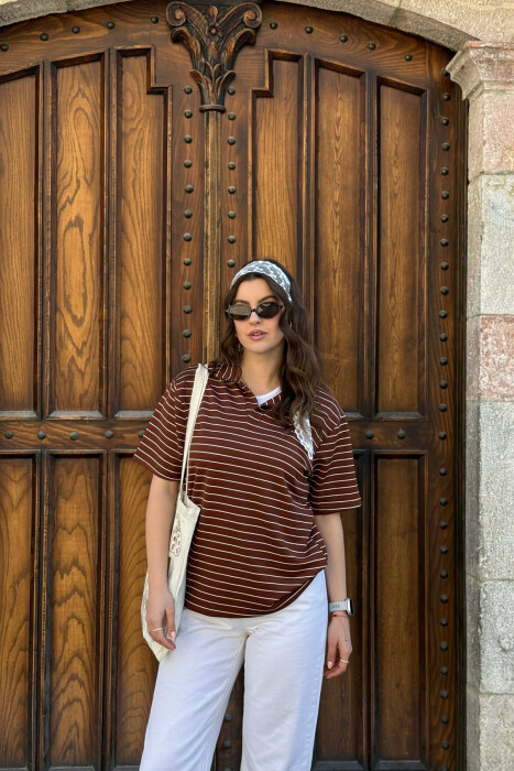 STRIPES POLO NECK WOMAN T-SHIRT + 6 PAIR SOCKS BROWN/KAFE 