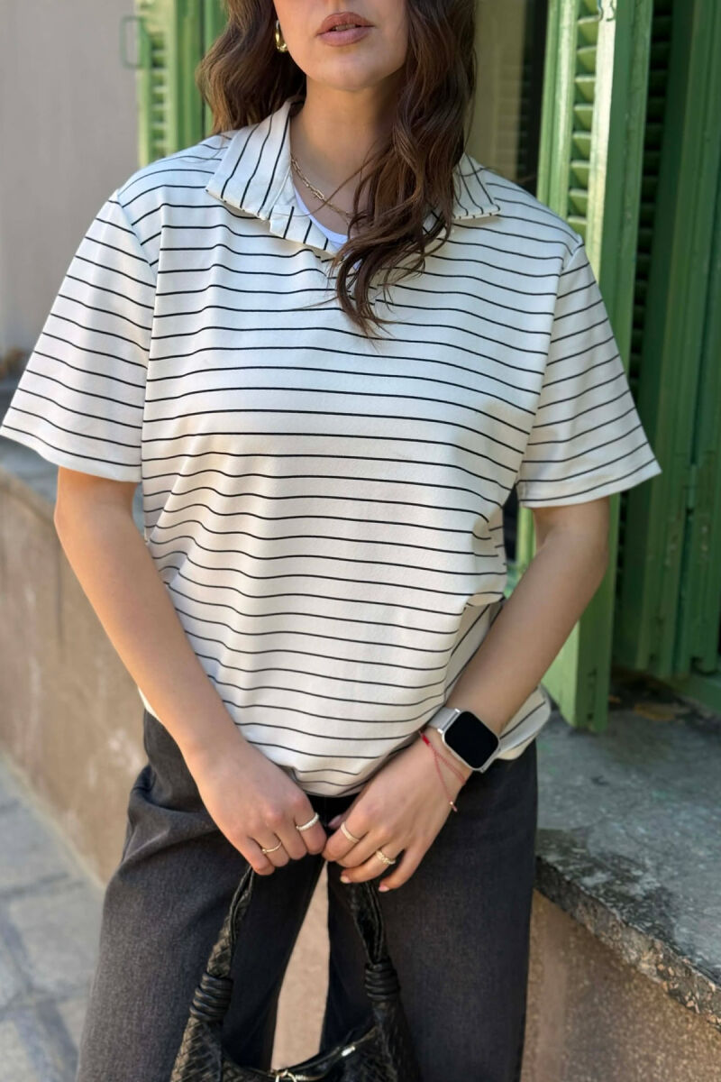 STRIPES POLO NECK WOMAN T-SHIRT + 6 PAIR SOCKS WHITE-E BARDHE - 4