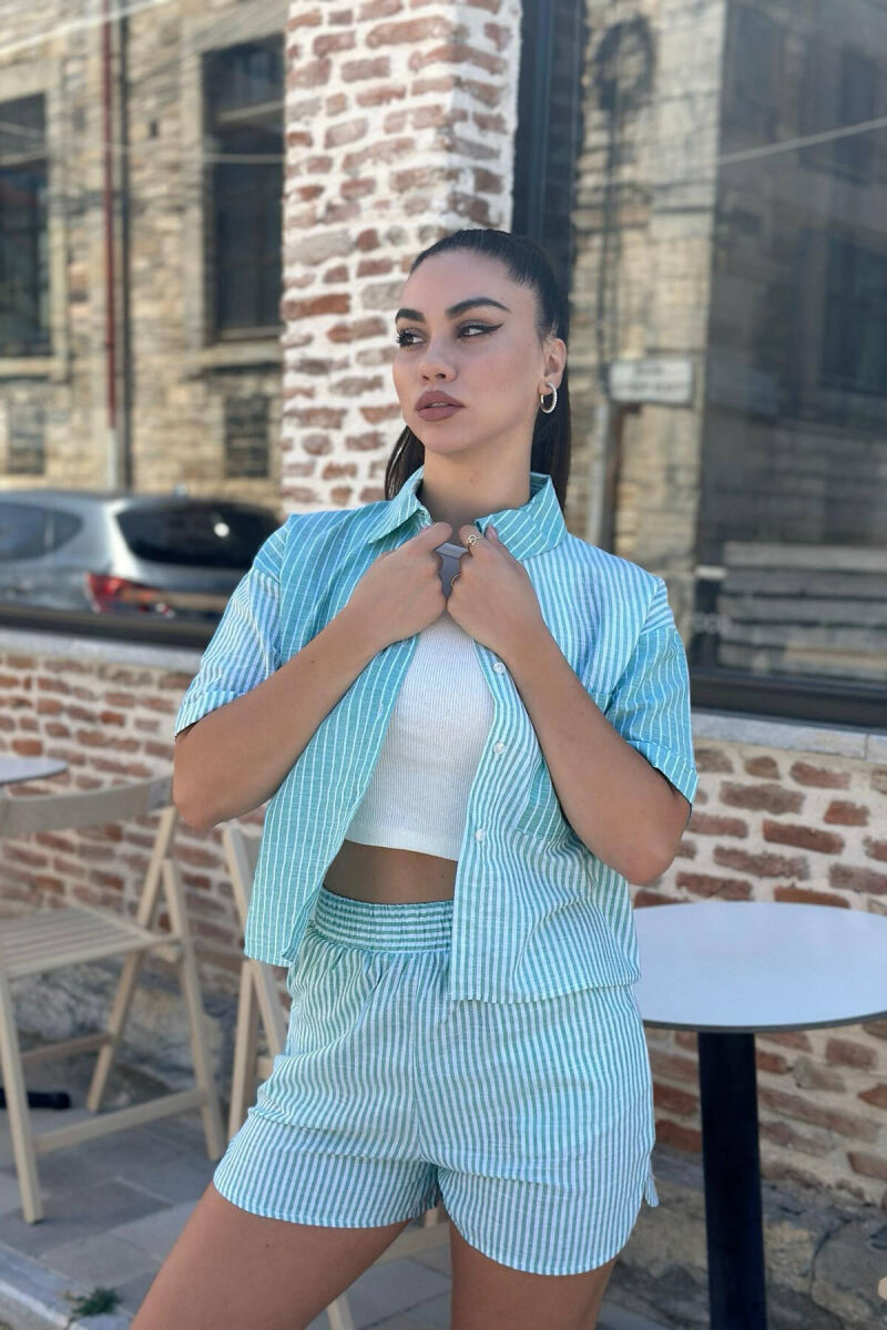 STRIPES SHIRT+ SHORTS WOMEN SET GREEN/JESHILE - 1