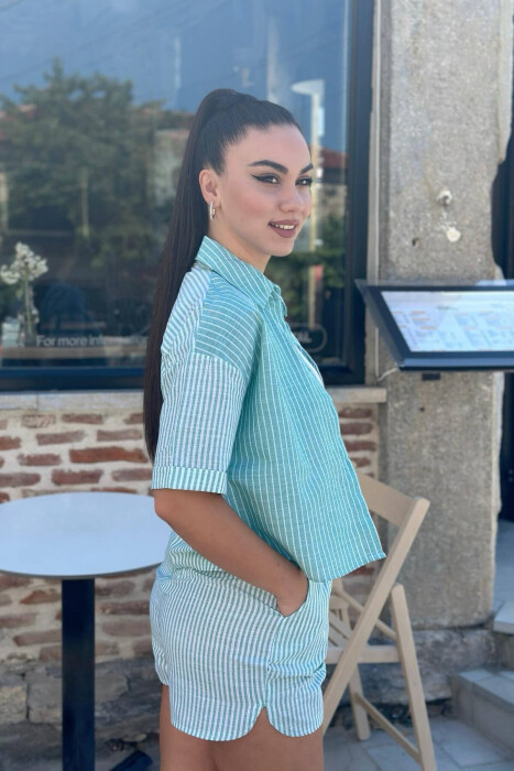 STRIPES SHIRT+ SHORTS WOMEN SET GREEN/JESHILE - 2