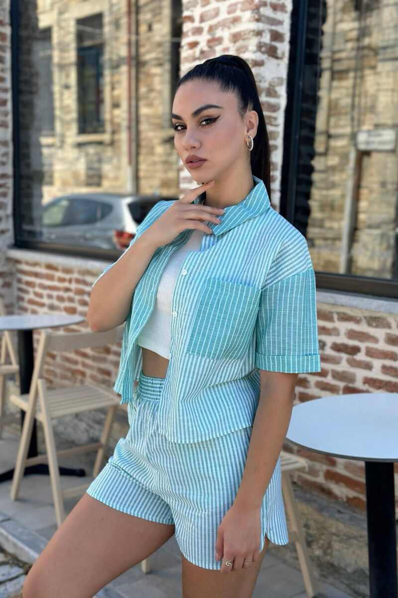 STRIPES SHIRT+ SHORTS WOMEN SET GREEN/JESHILE - 4