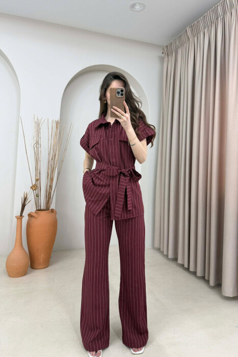 STRIPES SHORT SLEEVE SHIRT + TROUSERS WOMAN SET BURGUNDY/VISHNJE 