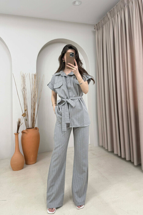 STRIPES SHORT SLEEVE SHIRT + TROUSERS WOMAN SET GREY/GRI - 1