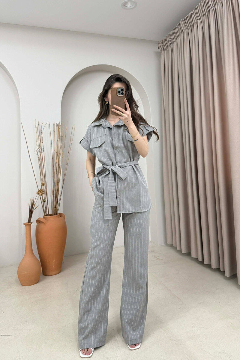 STRIPES SHORT SLEEVE SHIRT + TROUSERS WOMAN SET GREY/GRI - 1