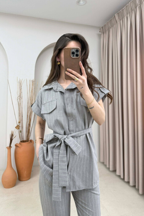STRIPES SHORT SLEEVE SHIRT + TROUSERS WOMAN SET GREY/GRI - 2