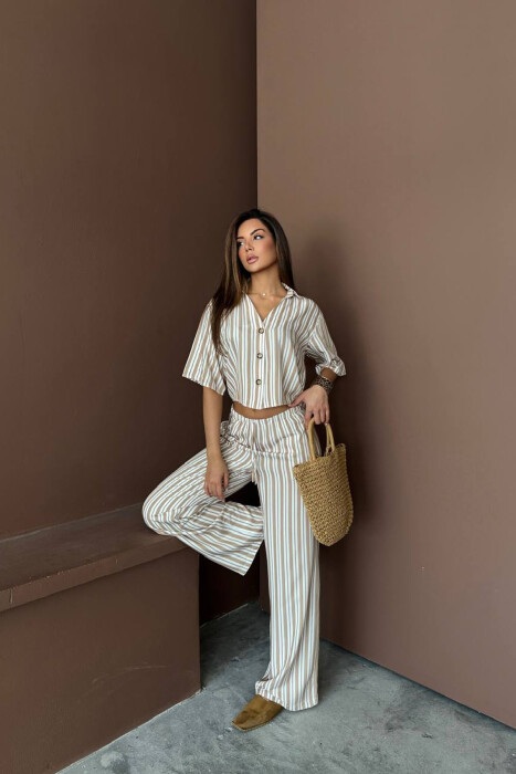 STRIPES SHORT SLEEVE SHIRT+ TROUSERS WOMAN TWO PIECE SET BEIGE/BEZHE - 1