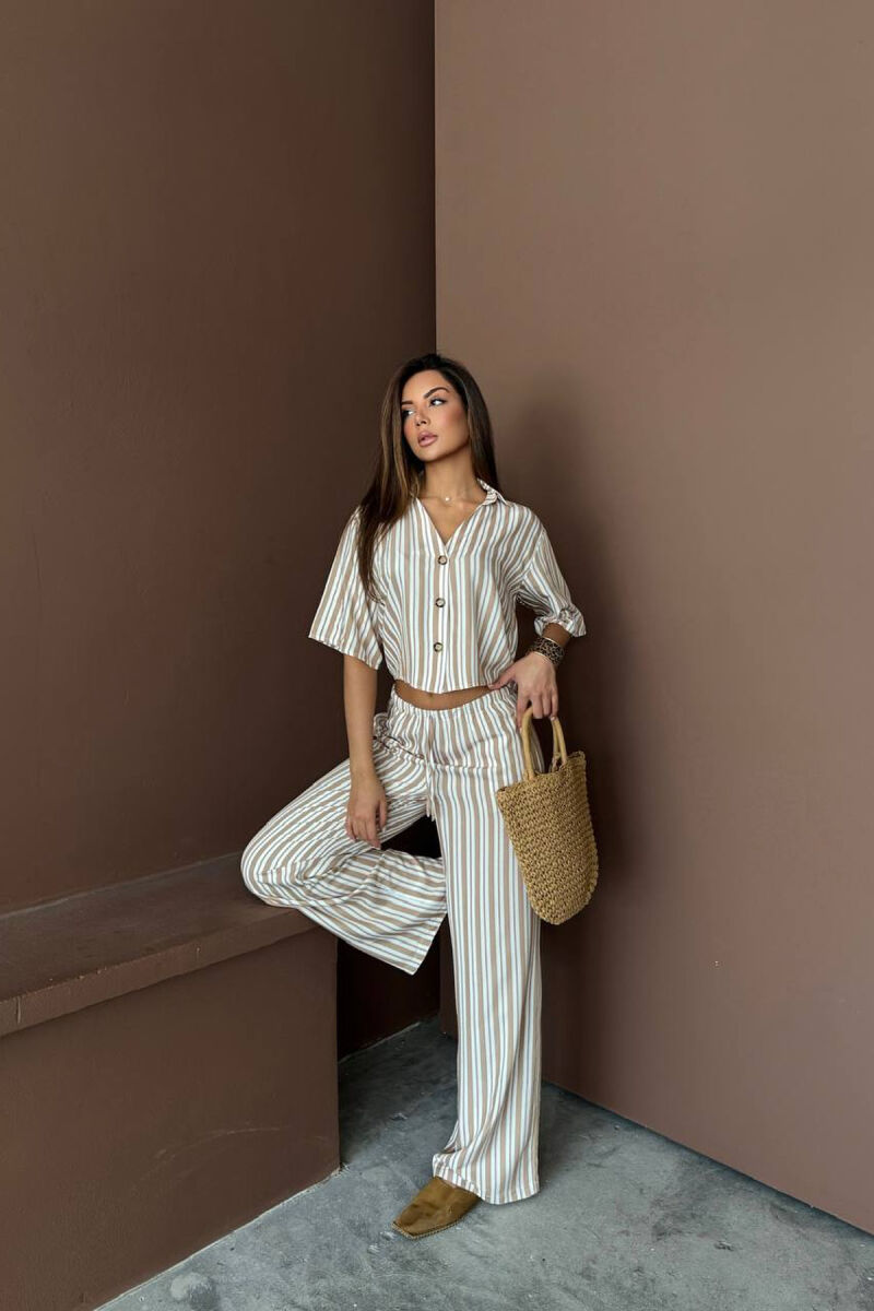 STRIPES SHORT SLEEVE SHIRT+ TROUSERS WOMAN TWO PIECE SET BEIGE/BEZHE - 1