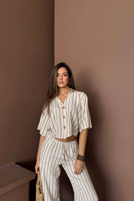 STRIPES SHORT SLEEVE SHIRT+ TROUSERS WOMAN TWO PIECE SET BEIGE/BEZHE - 2
