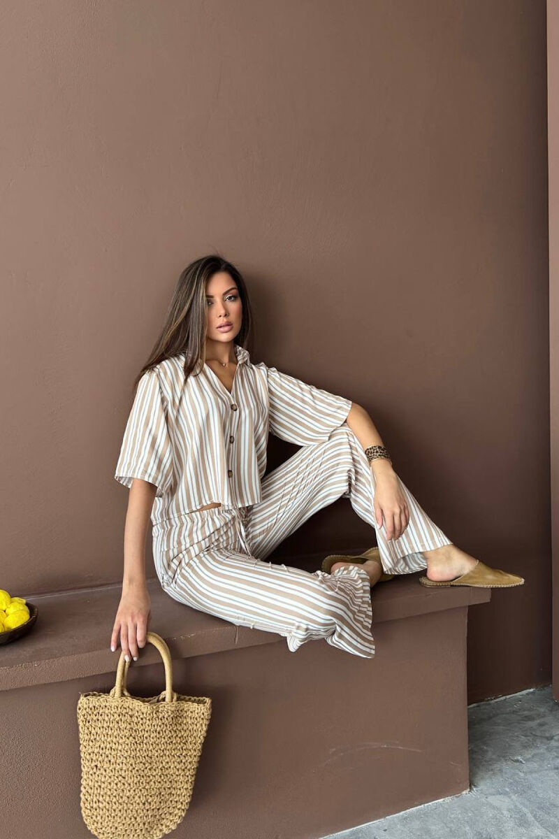 STRIPES SHORT SLEEVE SHIRT+ TROUSERS WOMAN TWO PIECE SET BEIGE/BEZHE - 3