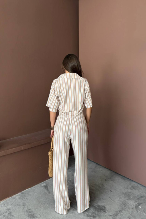 STRIPES SHORT SLEEVE SHIRT+ TROUSERS WOMAN TWO PIECE SET BEIGE/BEZHE - 4