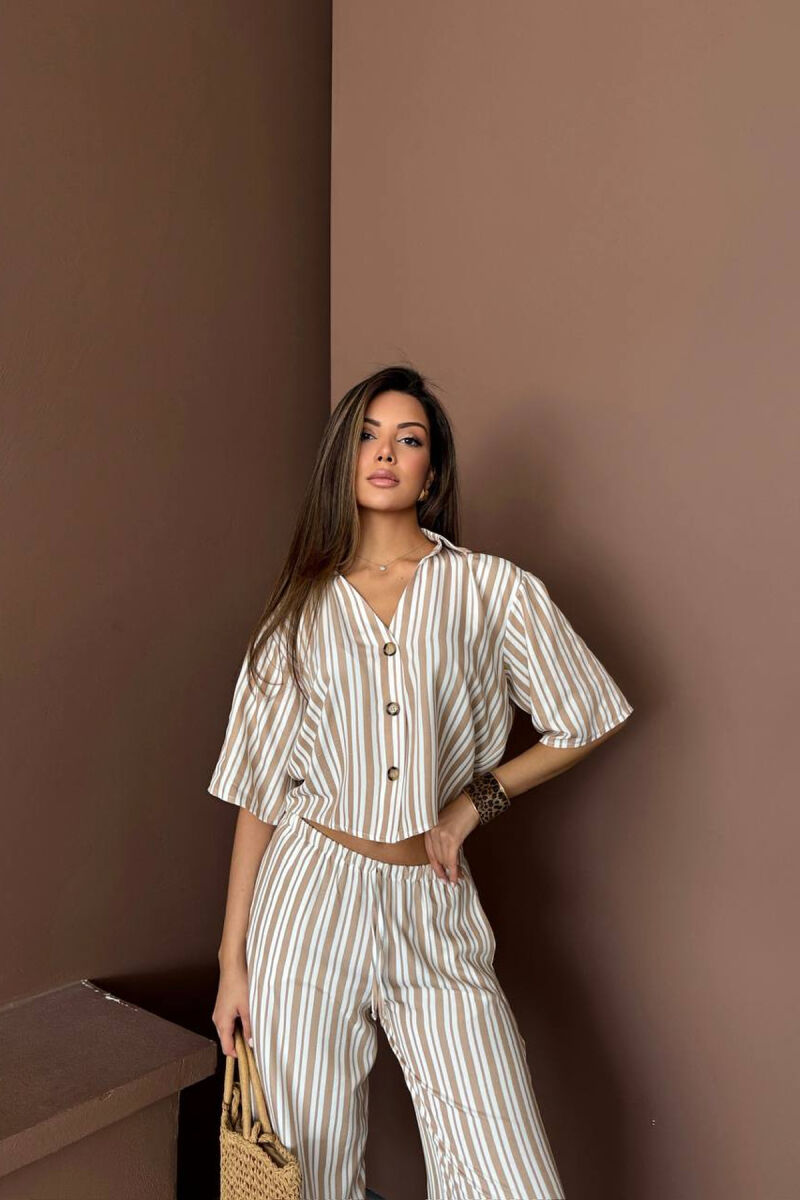 STRIPES SHORT SLEEVE SHIRT+ TROUSERS WOMAN TWO PIECE SET BEIGE/BEZHE - 5