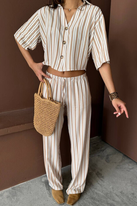 STRIPES SHORT SLEEVE SHIRT+ TROUSERS WOMAN TWO PIECE SET BEIGE/BEZHE - 7