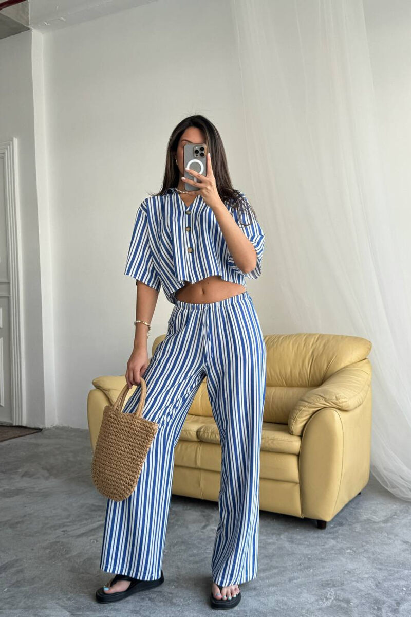 STRIPES SHORT SLEEVE SHIRT+ TROUSERS WOMAN TWO PIECE SET BLUE/BLU - 1