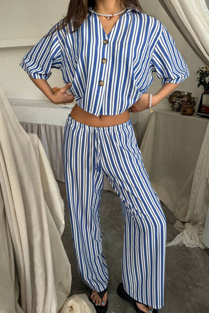 STRIPES SHORT SLEEVE SHIRT+ TROUSERS WOMAN TWO PIECE SET BLUE/BLU - 3