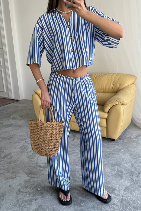 STRIPES SHORT SLEEVE SHIRT+ TROUSERS WOMAN TWO PIECE SET BLUE/BLU - 6