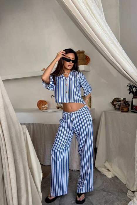 STRIPES SHORT SLEEVE SHIRT+ TROUSERS WOMAN TWO PIECE SET BLUE/BLU - 7