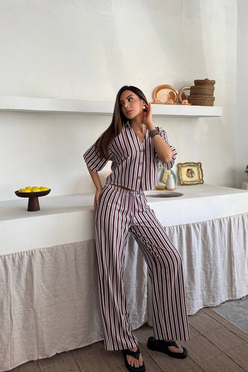 STRIPES SHORT SLEEVE SHIRT+ TROUSERS WOMAN TWO PIECE SET BURGUNDY/VISHNJE - 1