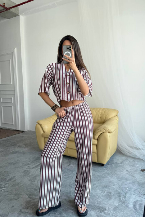 STRIPES SHORT SLEEVE SHIRT+ TROUSERS WOMAN TWO PIECE SET BURGUNDY/VISHNJE - 2