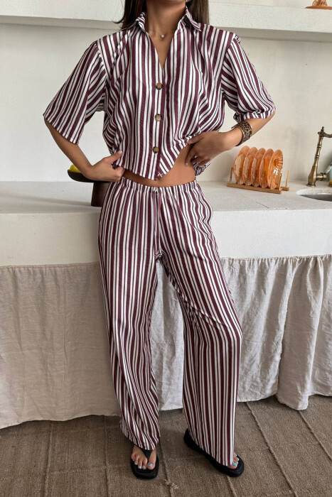 STRIPES SHORT SLEEVE SHIRT+ TROUSERS WOMAN TWO PIECE SET BURGUNDY/VISHNJE - 3
