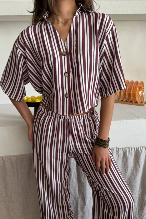 STRIPES SHORT SLEEVE SHIRT+ TROUSERS WOMAN TWO PIECE SET BURGUNDY/VISHNJE - 4