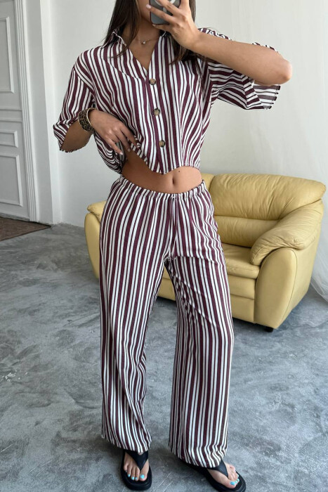STRIPES SHORT SLEEVE SHIRT+ TROUSERS WOMAN TWO PIECE SET BURGUNDY/VISHNJE - 5