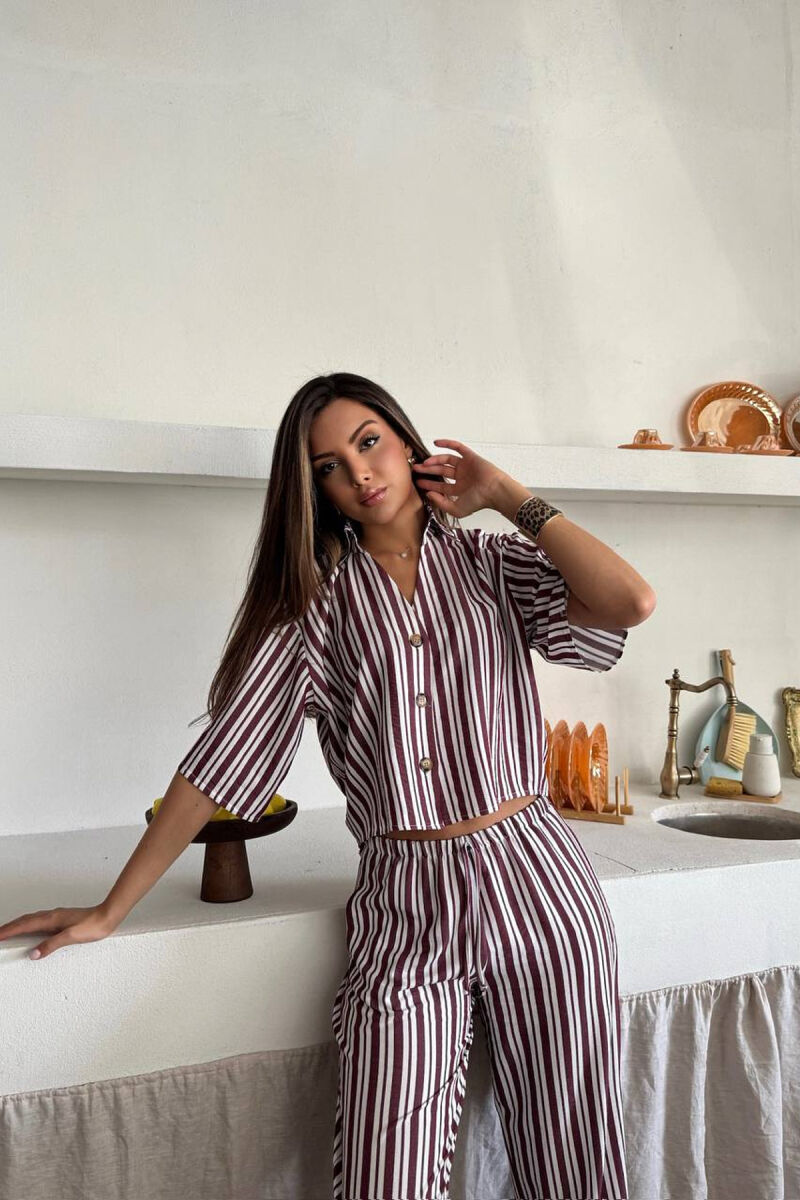 STRIPES SHORT SLEEVE SHIRT+ TROUSERS WOMAN TWO PIECE SET BURGUNDY/VISHNJE - 6