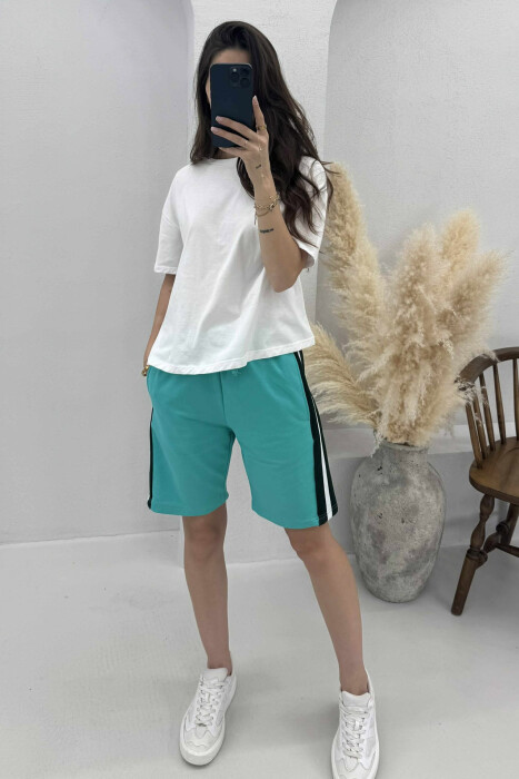 STRIPES SIMPLE WOMEN SHORT SWEATPANTS MINT/MENTE - KLAUDIO FASHION