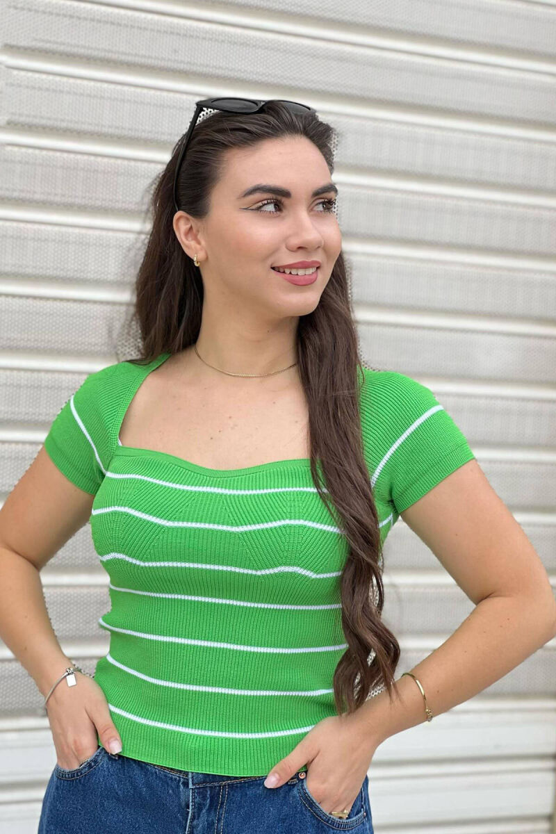 STRIPES SQUARE NECK WOMEN T-SHIRT LIGHT GREEN/JEZB - 1