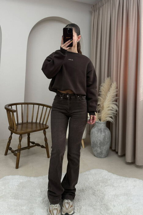 STUDIO FRONT WRITTING ELASTIC WAIST WOMEN SWEATSHIRT DARK BROWN/KAE - KLAUDIO FASHION