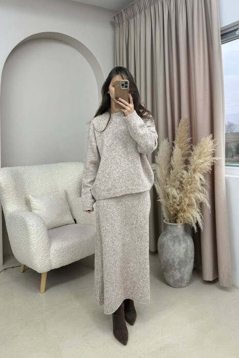 SWEATER+SKIRT SIMPLE KNIT WOMEN SET BEIGE/BEZHE - 1