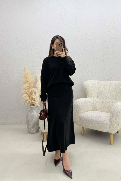 SWEATER+SKIRT SIMPLE KNIT WOMEN SET BLACK/ E ZEZE - KLAUDIO FASHION