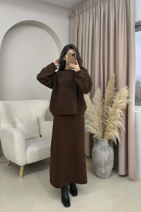 SWEATER+SKIRT SIMPLE KNIT WOMEN SET BROWN/KAFE - 1