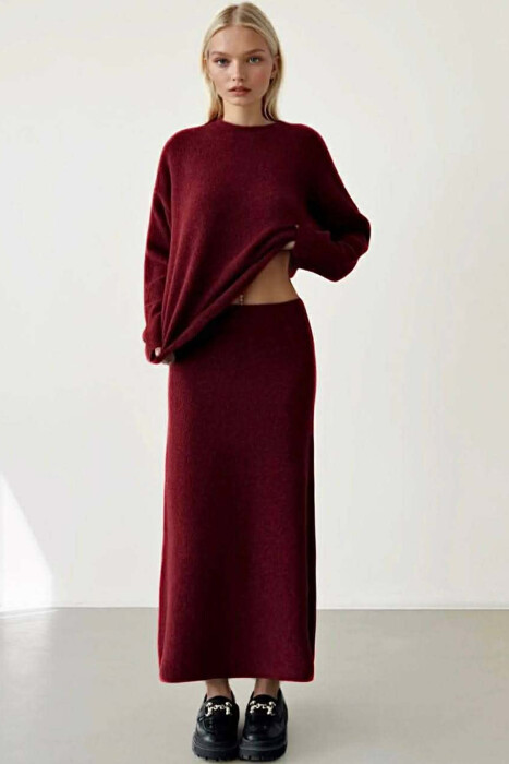 SWEATER+SKIRT SIMPLE KNIT WOMEN SET BURGUNDY/VISHNJE - KLAUDIO FASHION