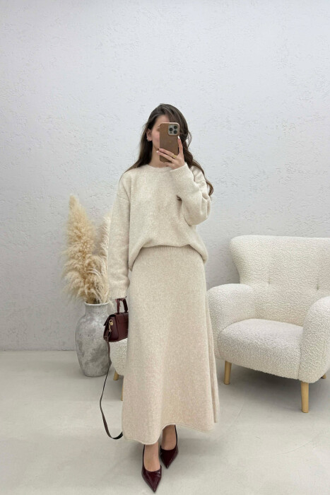 SWEATER+SKIRT SIMPLE KNIT WOMEN SET CREAM/KREM - KLAUDIO FASHION