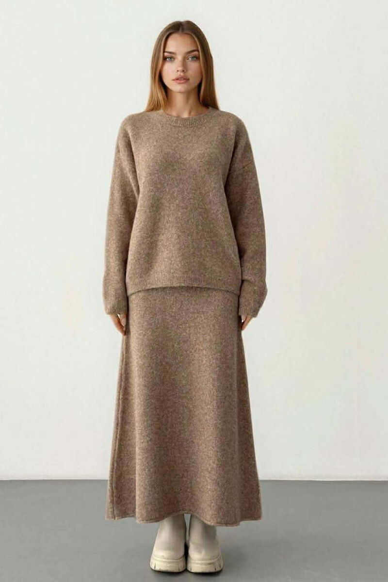 SWEATER+SKIRT SIMPLE KNIT WOMEN SET DARK BEIGE/BEZHE ERRET - 1