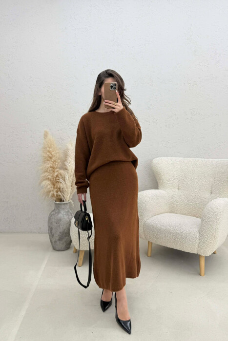 SWEATER+SKIRT SIMPLE KNIT WOMEN SET LIGHT BROWN/KAZB 