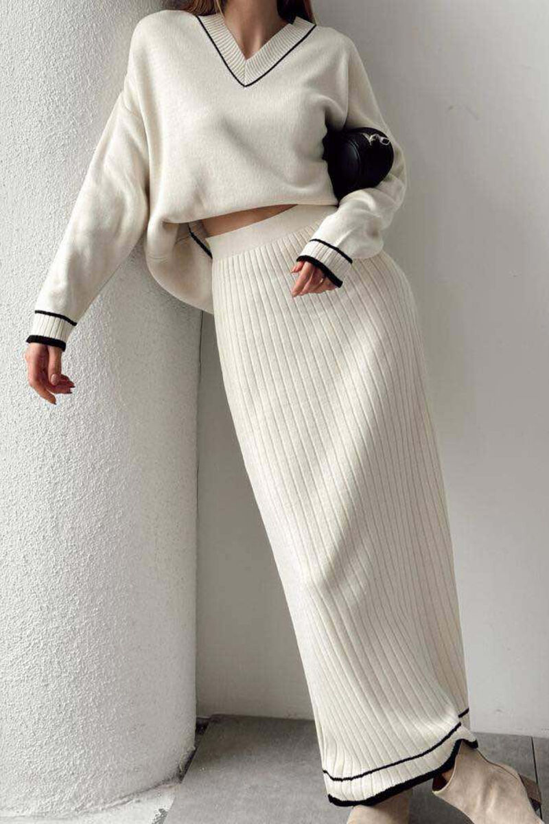 SWEATER+SKIRT V NECK WOMAN SET CREAM/KREM - 1