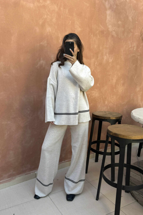 SWEATER+TROUSERS STRIPED WOMEN KNIT SET BEIGE/BEZHE - KLAUDIO FASHION