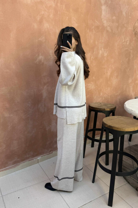 SWEATER+TROUSERS STRIPED WOMEN KNIT SET BEIGE/BEZHE - 3